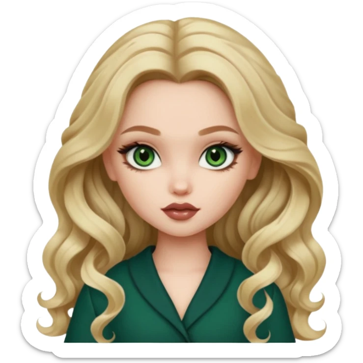 pale skin, girly bratz baddie, beautiful dark green eyes, bratz makeup, long dark blonde wavy hair sticker