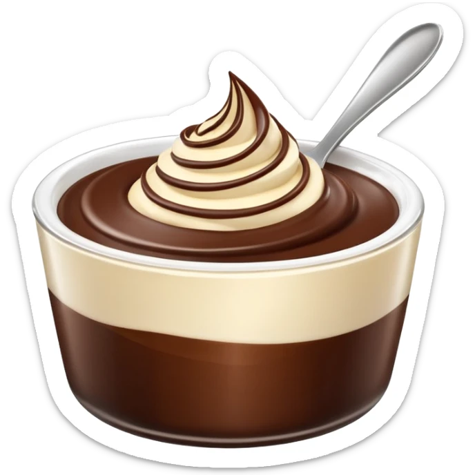 small swirl or spoonful of smooth, rich dessert cream in chocolate, vanilla, or caramel, thick glossy silky texture, soft curves or gentle peak, optionally in a simple transparent ramekin or cup, clean 3D look, soft lighting, no toppings or decorations, no faces, emoji scale sticker
