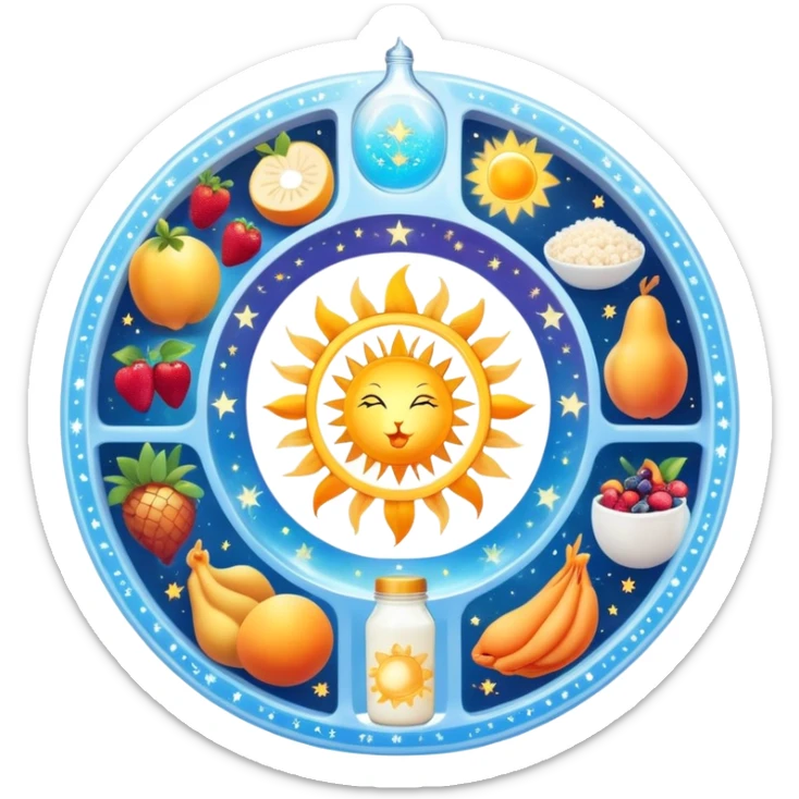 Magical daily fitness nutrition schedule with ethereal water bottle, celestial sun, enchanted chicken and rice plate, mystical gym equipment, glowing yogurt, sparkling fruits, and dreamy sleep symbol, all arranged in a cosmic circle with starry aura sticker