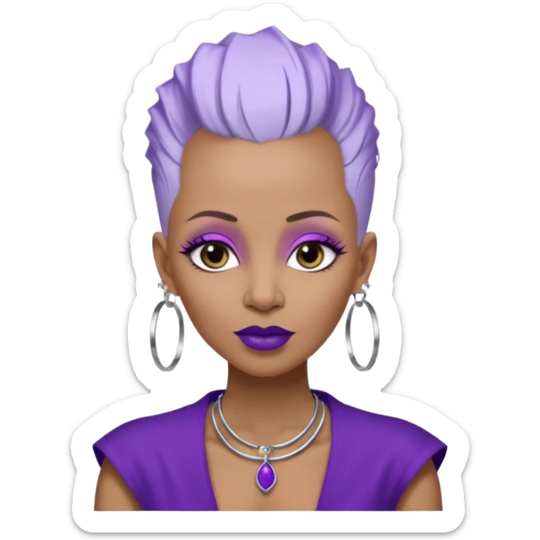 57 years young,  brown skinned Black queen with a  no hair on side and white hair in mohawk style, purple lipstick,  purple eyeshadow,  droopy looking  eyes, hoop  design 
 earrings with the name Draya personalized on them.  sticker