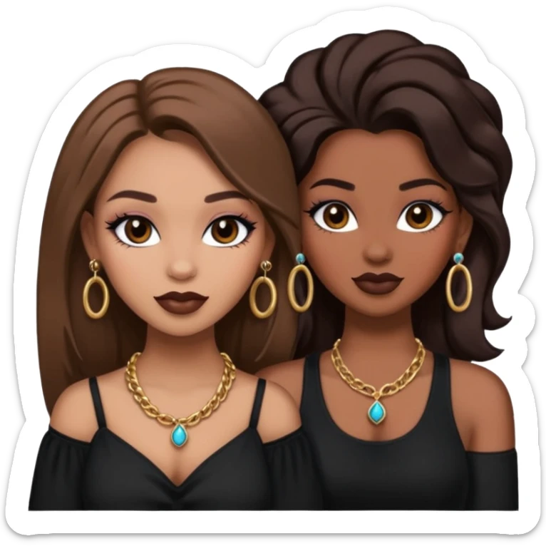 Boujy baddie best friends, trendy heavy makeup both dark hair one light skinned and one mocha brown pretty hair both wearing black and earrings and necklace one mocha brown skin better ones please  sticker