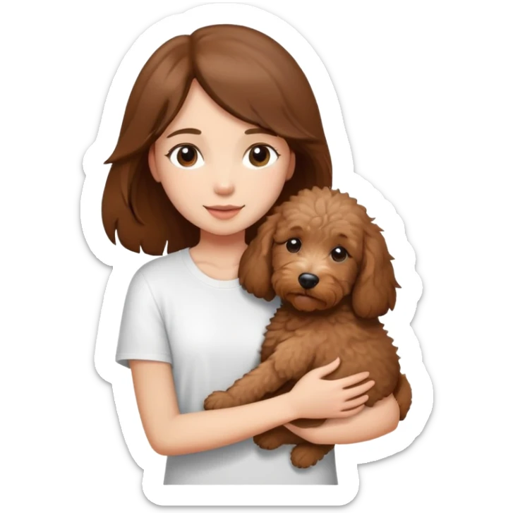 One girl with medium long brown hair dressing white T-shirt, hugging One little brown coated labradoodle. sticker