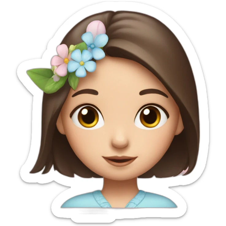 a little brunette girl with blue eyes with bunny ears and flowers sticker