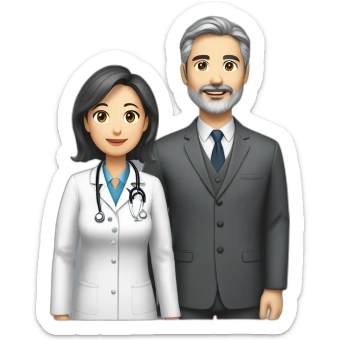 husband preacher middle age dark gray hair trimmed beard business suit, with wife asian age 55 dark hair nurse uniform sticker