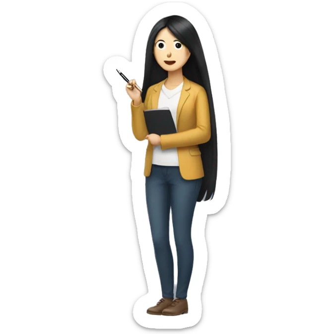 korean woman, long black hair, website copywriter holding a pen sticker