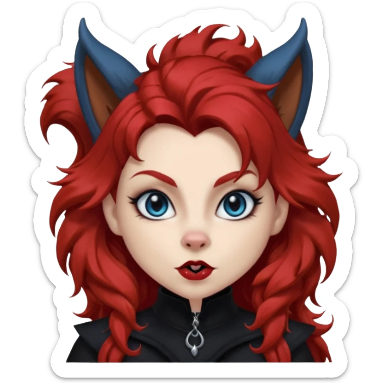  long super curly blood red hair (darker), red pointed squirrel ears with black trim, black goth outfits, body and face human, blue eyes, more pointy chin, black lipstick, one big fluffy red squirrel tail with black tips, close her mouth, less evil looking sticker