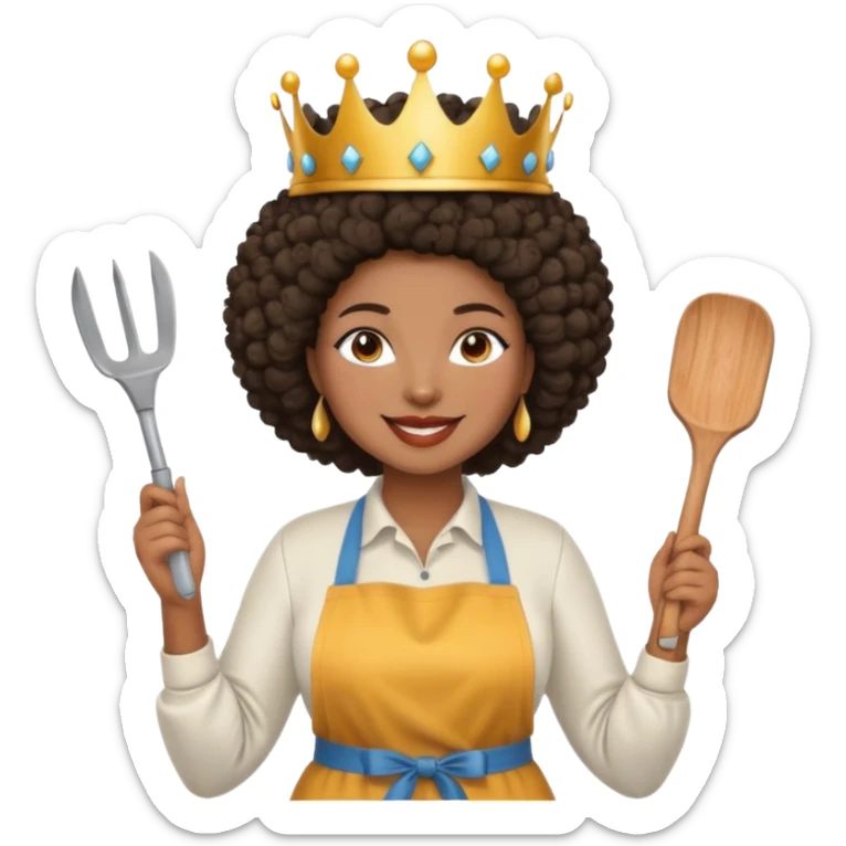 Mujer curvy afro, con vestimenta cómoda y delantal,con una corona sobre su cabeza y sonrisa contagiosa y herramientas  sticker