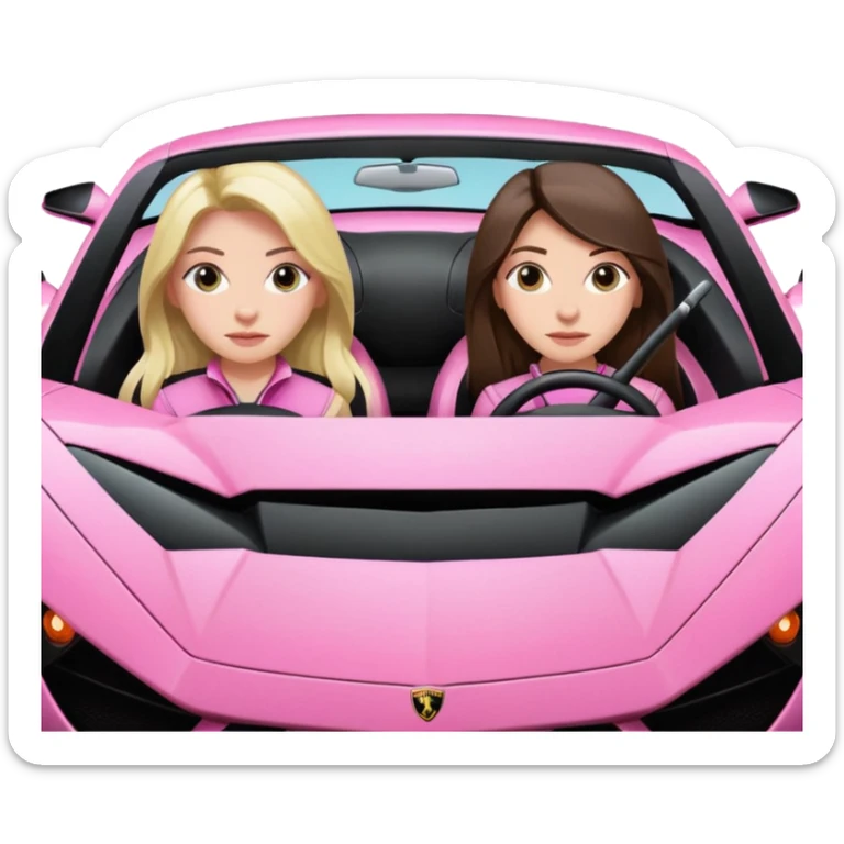 Make car far away so I can see full car Car facing forward in sports car. Make hair long  two girls in car far away Front of car sitting in the seats. Make it a pink sports car. They are two baddies make it a Lamborghini pink car  sticker