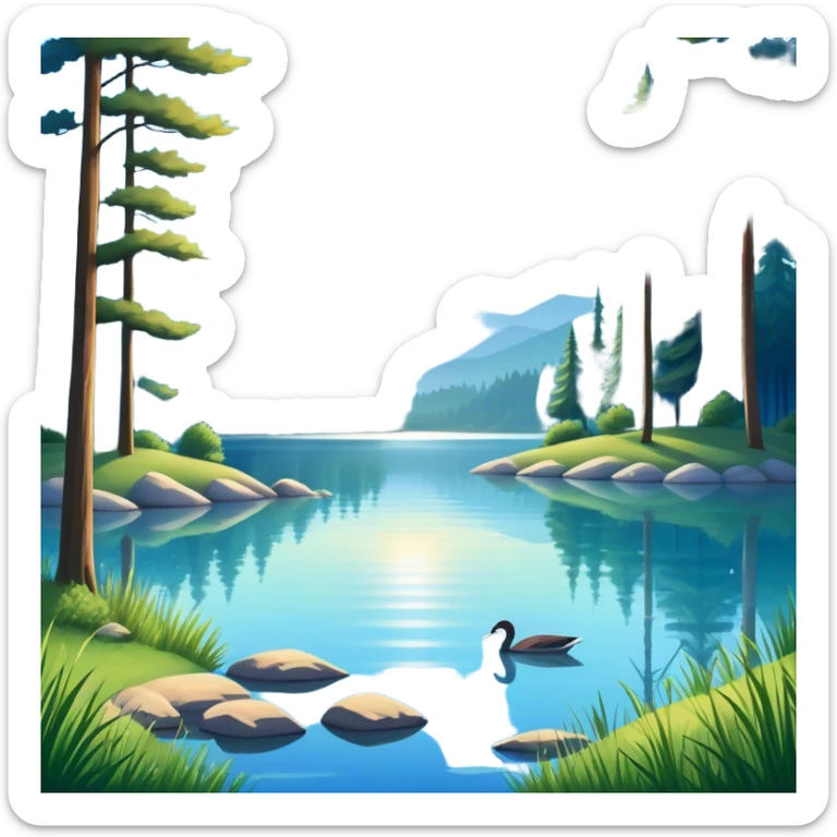 Cinematic Realistic Lake Emoji, Calm and reflective, with clear blue waters mirroring the surrounding landscape, framed by tall trees and grassy shores. The sunlight sparkles on the water’s surface while birds and animals play at the edge. Soft glowing outline, capturing the essence of peaceful serenity in a tranquil lake. sticker