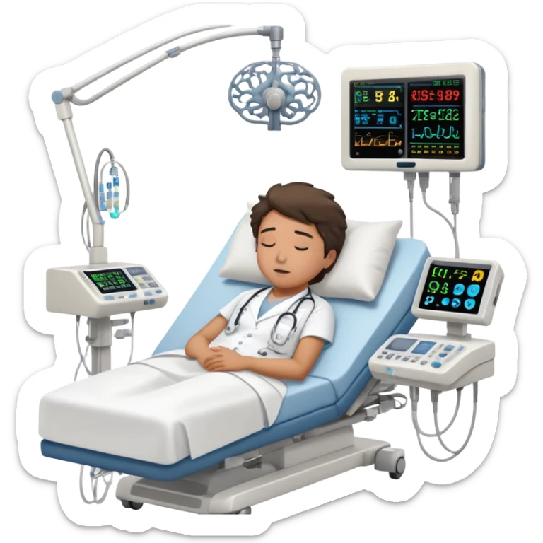 Hospital room with sleep study setup, hospital bed with sleeping patient, doctor in white coat, EEG machine, brain wave monitors, and hospital equipment sticker