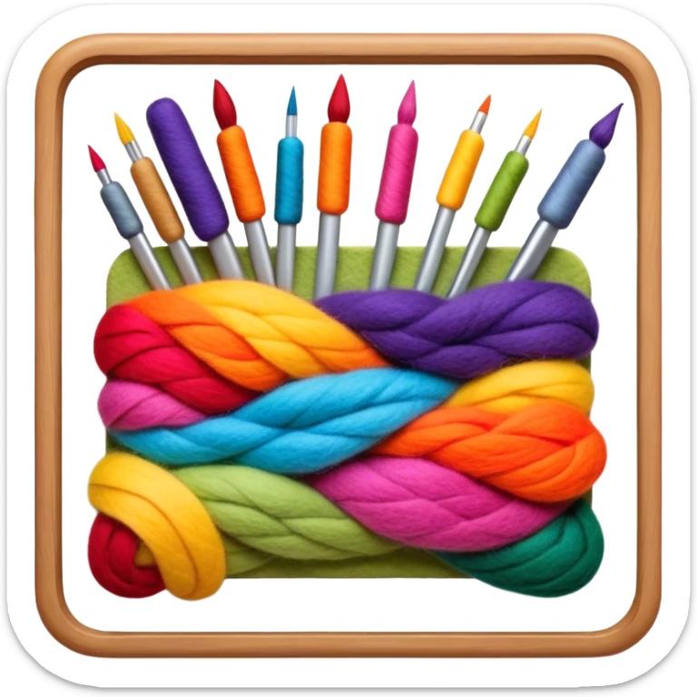 Felt art creation icon, layers of colorful felt being carefully shaped with felting needles into a picture or decorative design, visible hand tools like felting needles, no finished artwork, just the process of felting, minimalistic style, clean lines, transparent background. sticker