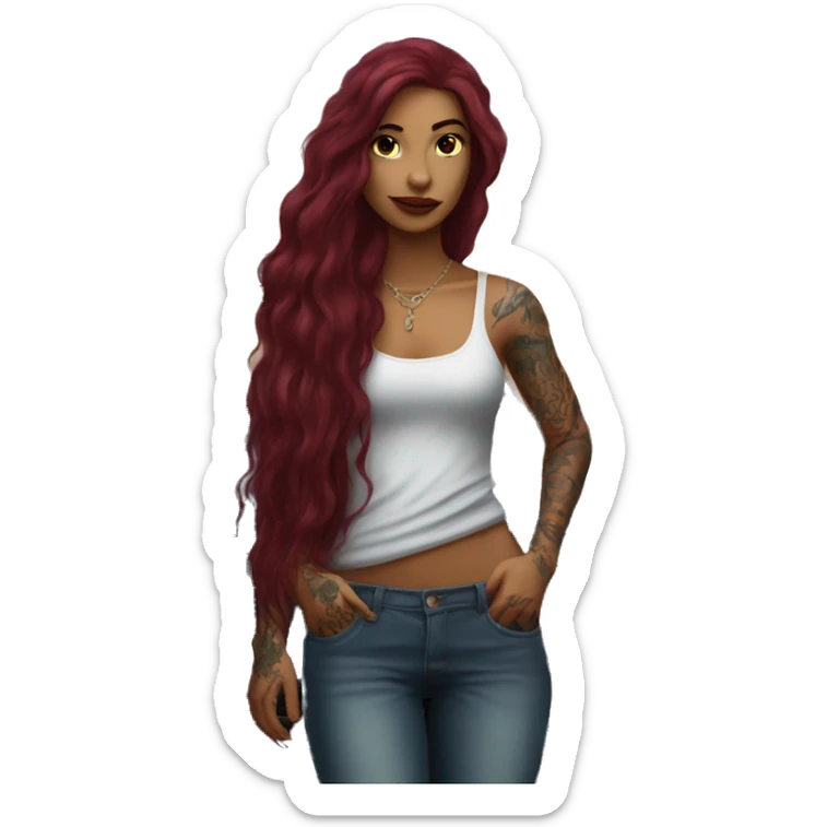 Beautiful tattooed burgundy long haired woman standing next to a car sticker