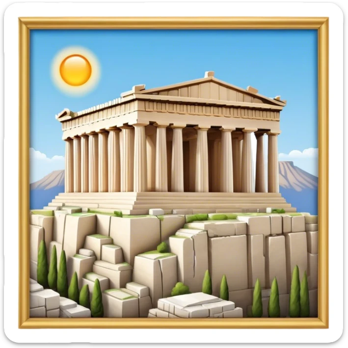 Cinematic Realistic Acropolis Landmark Emoji, showing the Parthenon standing proudly atop the Acropolis hill, with its marble columns glowing under the warm Athenian sunlight against a blue sky. sticker