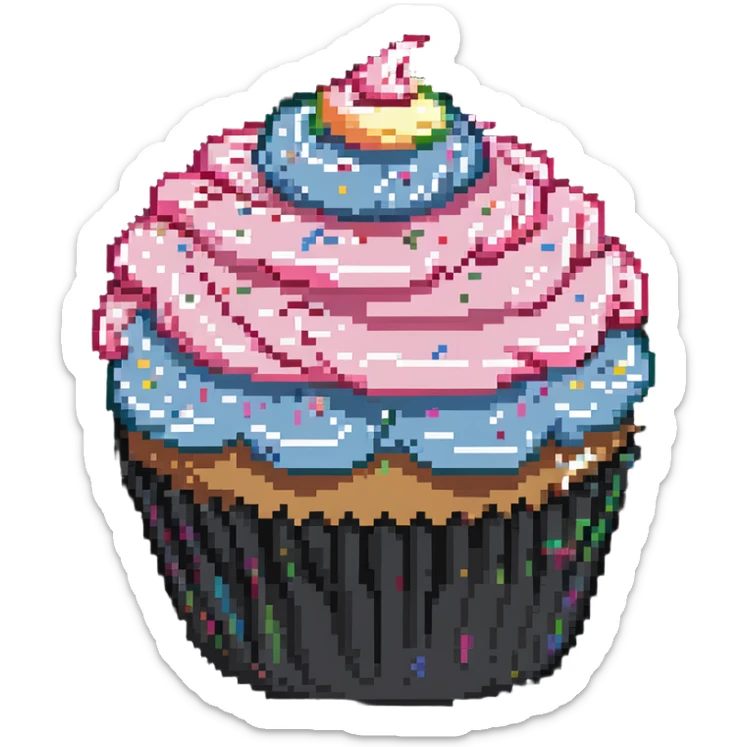 large cupcake with pink frosting and rainbow sprinkles in pixel art style sticker