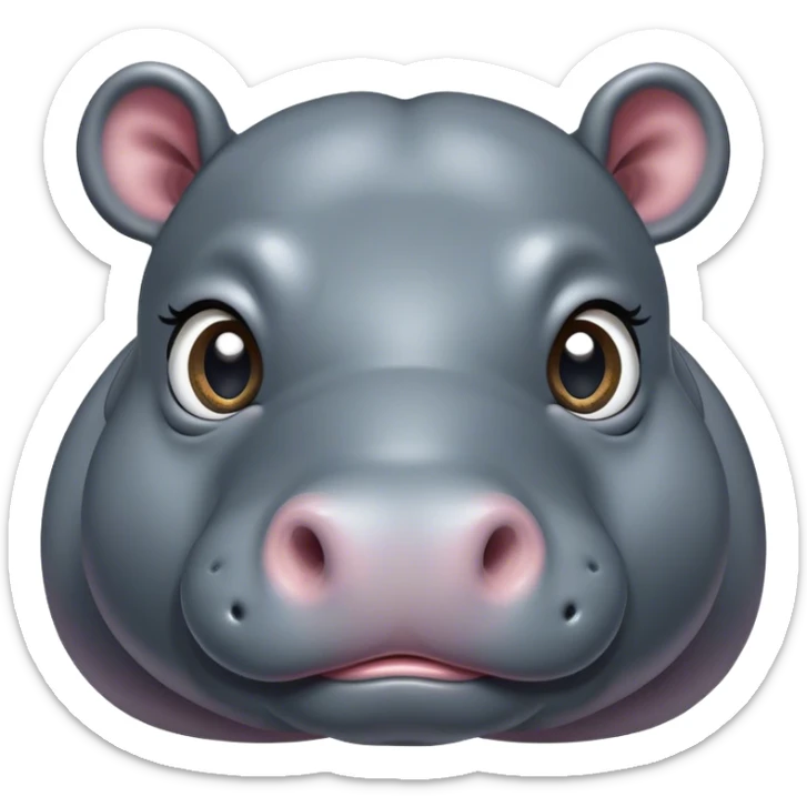 Cinematic Cute Hippo Portrait Emoji, Head tilted playfully and inquisitively, featuring a glossy slate-gray hide with a gentle sheen and round, sparkling eyes filled with curious charm, Simplified yet irresistibly adorable features, highly detailed, glowing with a warm, friendly glow, high shine, affectionate and serene, stylized with a touch of aquatic whimsy, bright and endearing, soft glowing outline, capturing the essence of a mischievous yet loving hippo, so playful it feels like it could splash out of the screen and into your arms! sticker