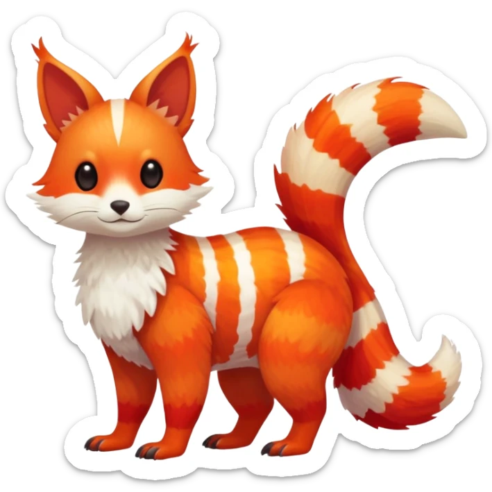 lush warm-colored Fakémon-Trico-creature (full body) with white cheek markings, white-striped tail sticker