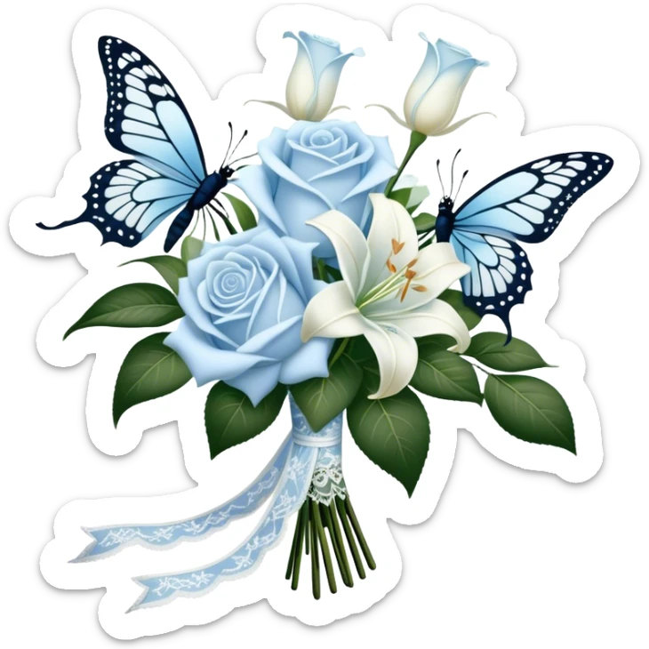 A classic bouquet of pale blue roses, delicate white lilies, and trailing jasmine, tied together with an embroidered ivory ribbon. A butterfly with lace-like wings hovers nearby, casting a soft, intricate shadow over the bouquet. sticker