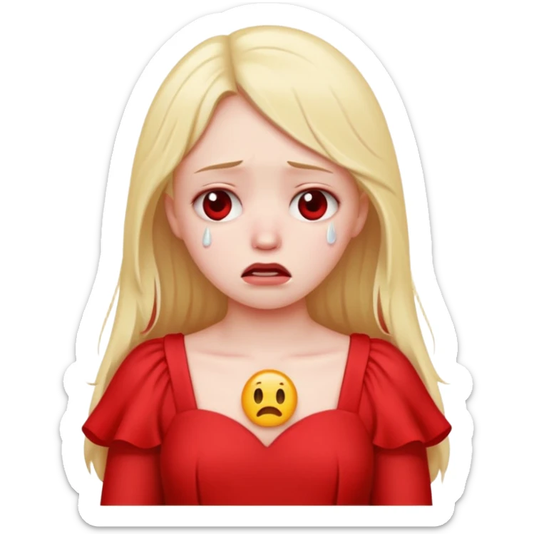 sad girl in a long red dress, with a tear, emoji style sticker