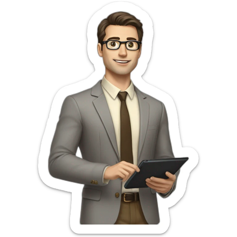Pale skinned fit man with dark brown hair in gray jacket, beige office shirt, brown tie, brown pants and vintage glasses Writing on the tablet sticker