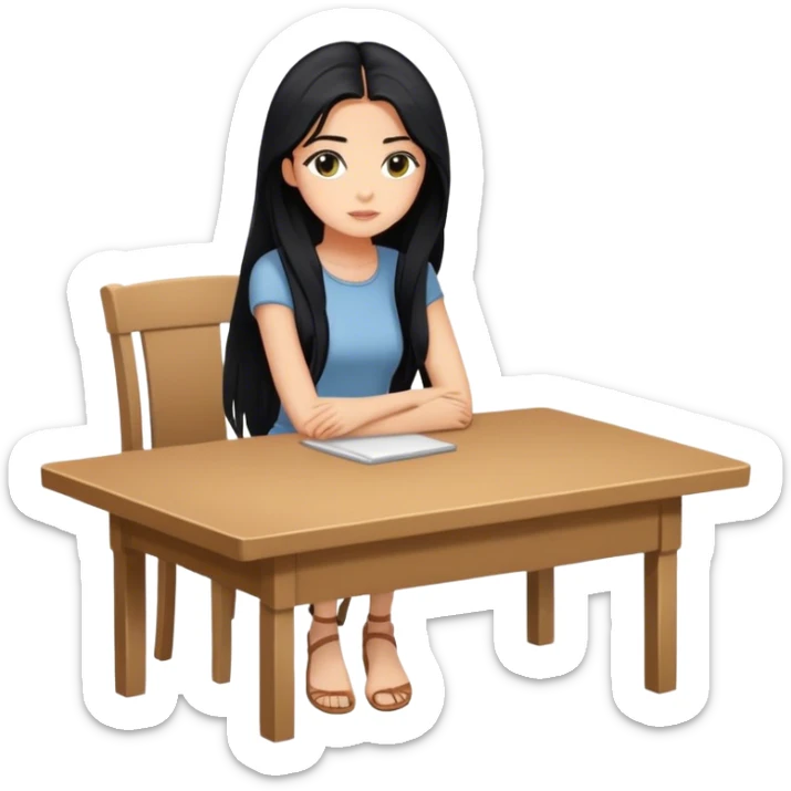 White girl full body sitting at table with black hair looking away sticker