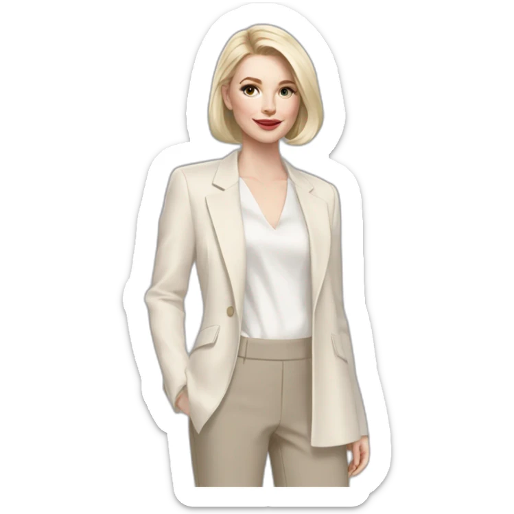 pale skin woman with ash blonde Straightened bob Hair, White Spacious classical jacket, beige palazzo Arrow pants and gray blouse holding a color palettes in the hands sticker