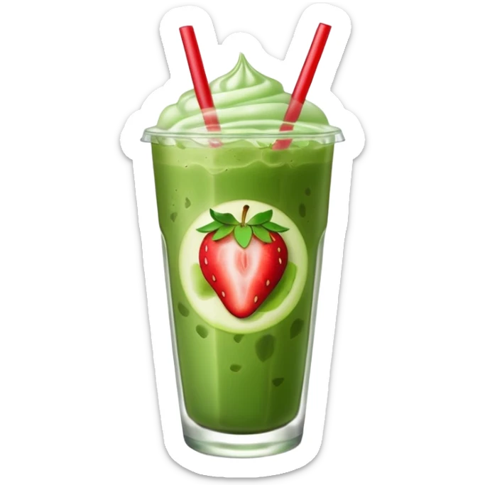 iced matcha latte with strawberry syrup at the bottom and visible ice cubes, apple emoji style sticker