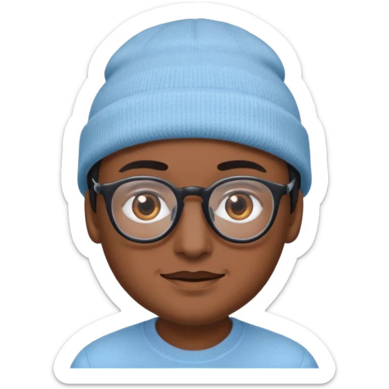 A person emoji with medium-dark skin, wearing a light blue beanie and black-framed glasses, with brown eyes, dark eyebrows, a small nose, and a subtle smile on a clean-shaven face. sticker