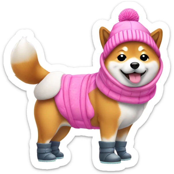 Shiba inu dog wearing snow boots and pink beanie sticker