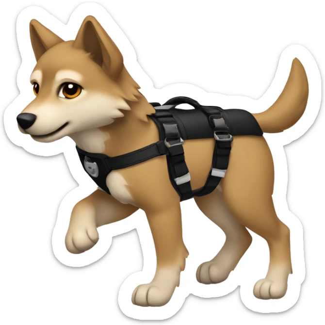 4 short legs a light brown puppy-like wolf with black hair on its ears with black harness is walking sticker