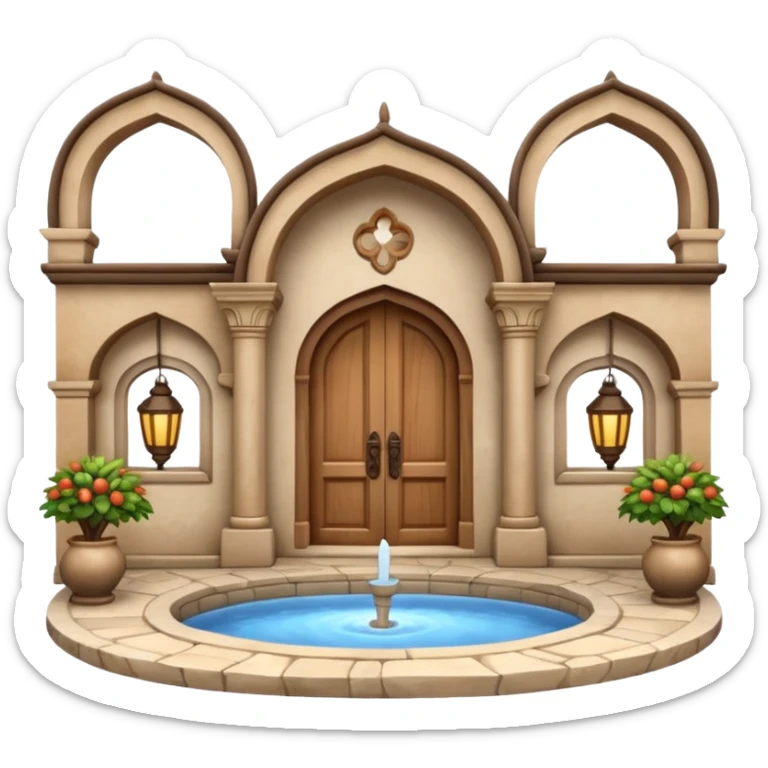 3D Apple-style emoji of a full traditional Turkish han. Rounded stone building with arched wooden doors and windows, small courtyard, fountain, arches, and hanging lanterns. Glossy, smooth, soft shadows, clean white background.






 sticker