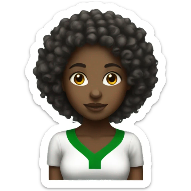 a black girl with big curly hair and  having a Nigerian flag  sticker