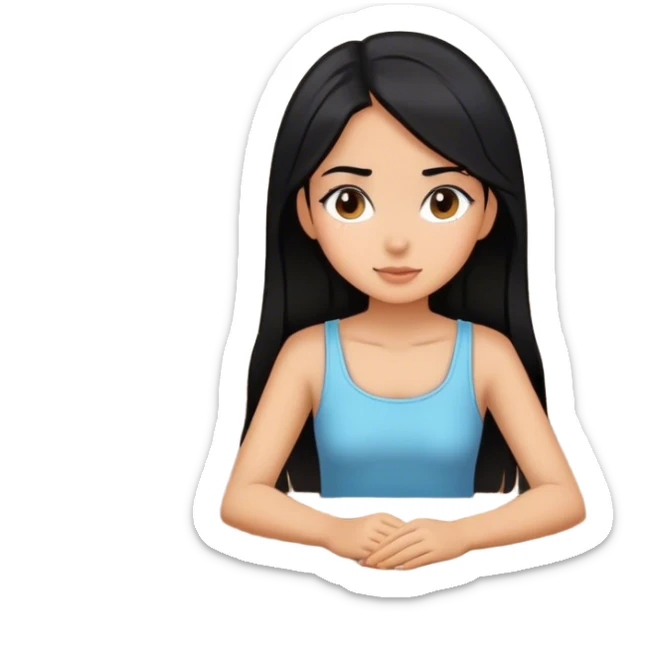 Side view of a girl sitting at a table with black hair sticker