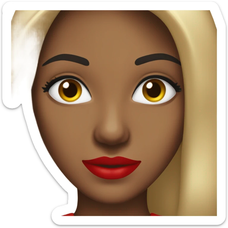 brown lady, medium brown long straight hair, red lips, eyelashes, wearing red “happy Valentine’s Day” t shirt sticker