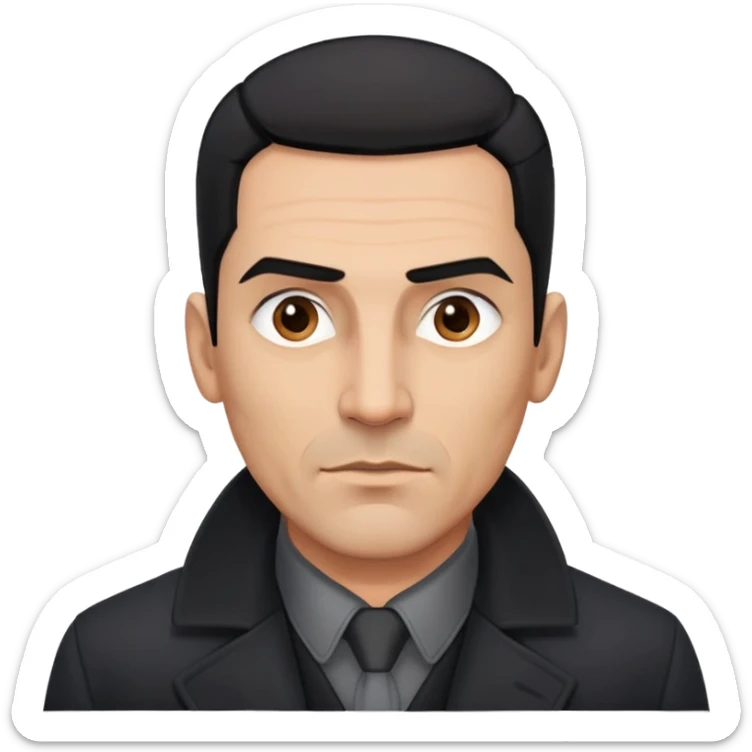 Athletic Hispanic man in his 40s-50s with light brown skin, short straight black hair slicked back with fade on sides, square face with strong jawline, thick eyebrows, wide nose, wearing black overcoat with gray buttoned shirt underneath sticker