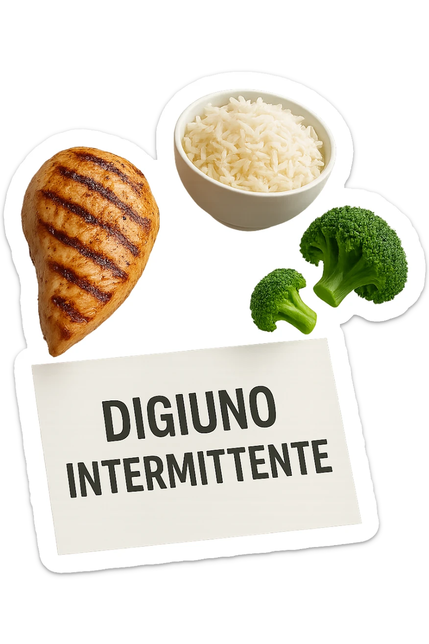 petto di pollo grigliato, bowl di riso basmati e broccoletti fluttuano in aria insieme ad un foglio con la scritta "DIGIUNO INTERMITTENTE", iperrealistico 4k sticker