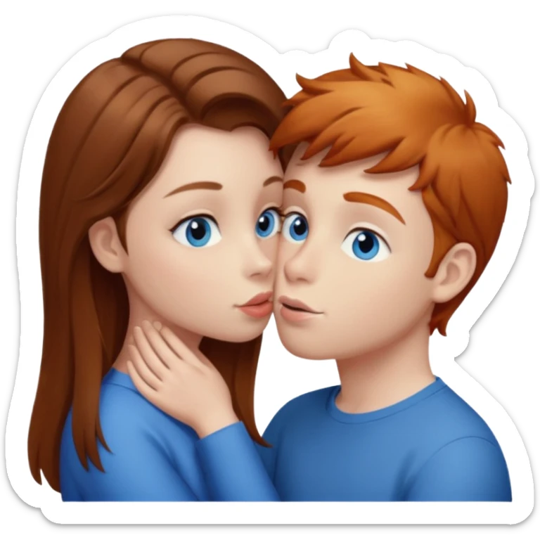 Girl with straight brown hair kissing ginger boy. Both have blue eyes  sticker