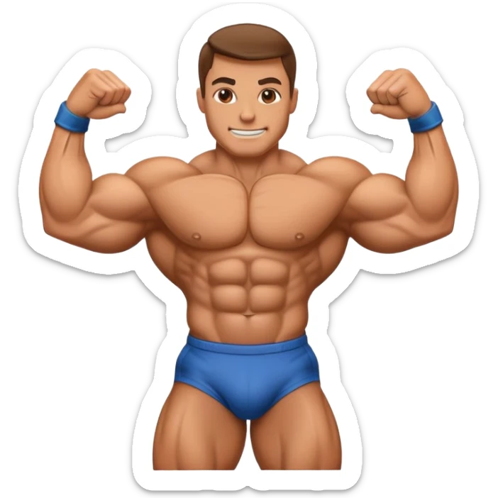Emblem-style emoji of a bodybuilder in a classic bodybuilding pose, showcasing muscles and strength. The figure resembles a muscular athlete like Dwayne Johnson, with a focus on physique, confidence, and power. Bold lines, dynamic stance, and transparent background. sticker