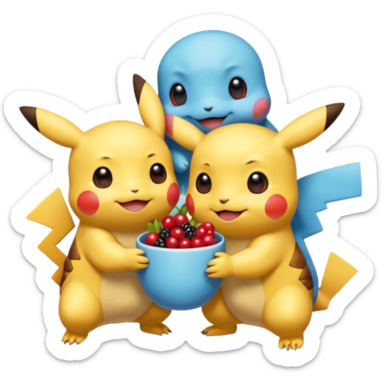 Two Pokémon are playing in a field. Pikachu has many berries, but Squirtle has none. Pikachu sees this is unfair, so he shares the berries with Squirtle. They smile and eat together. Show this as a cute Pokémon emoji scene about justice and fairness. sticker