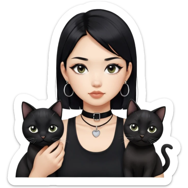 Asian cool girl, black hair, medium length.  Holding two BLACK cats. one cat has a round fat face, the other one has a slightly slimmer face. Both pure black.  The girl also wearing a black singlet, a black chocker, silver round hook earring, and wearing eyeliner.  sticker
