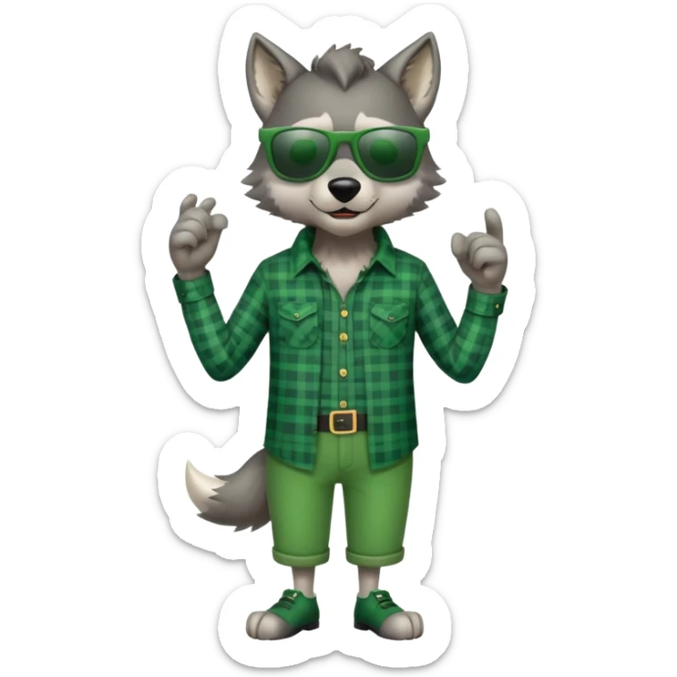full-body friendly anthropomorphised wolf in green plaid shirt and green attire for St. Patrick's Day, wearing dark sunglasses, upright pose sticker