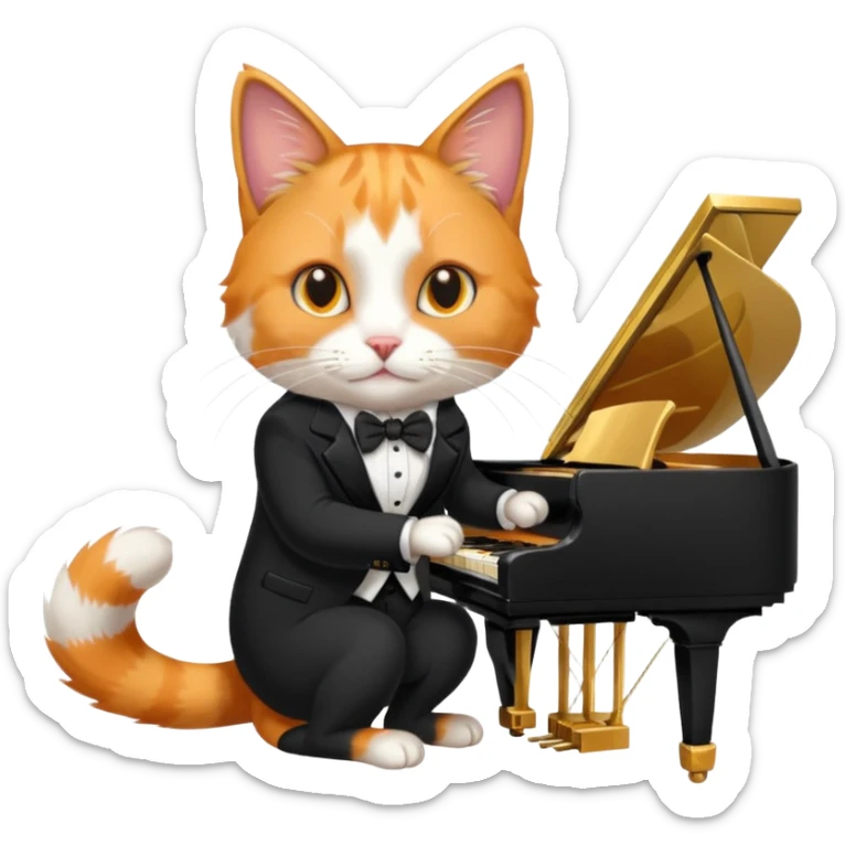 calico cat play gold piano, wear black suit, portrait sticker