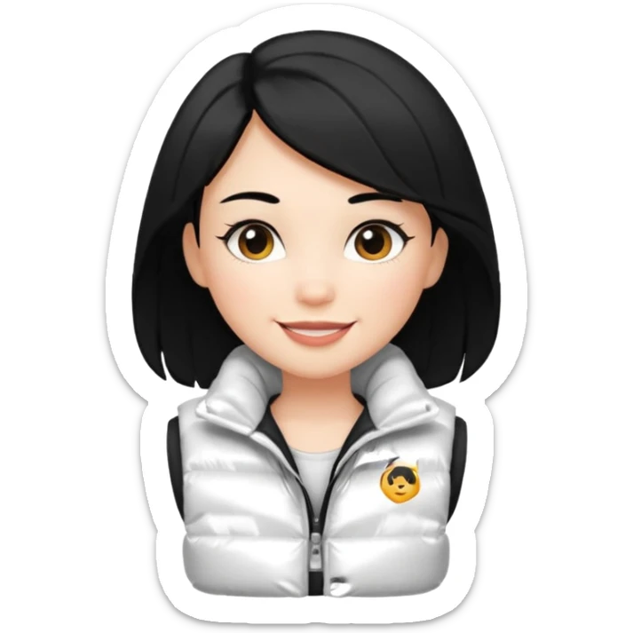 girl with black hair in a white puffer vest with sass sticker