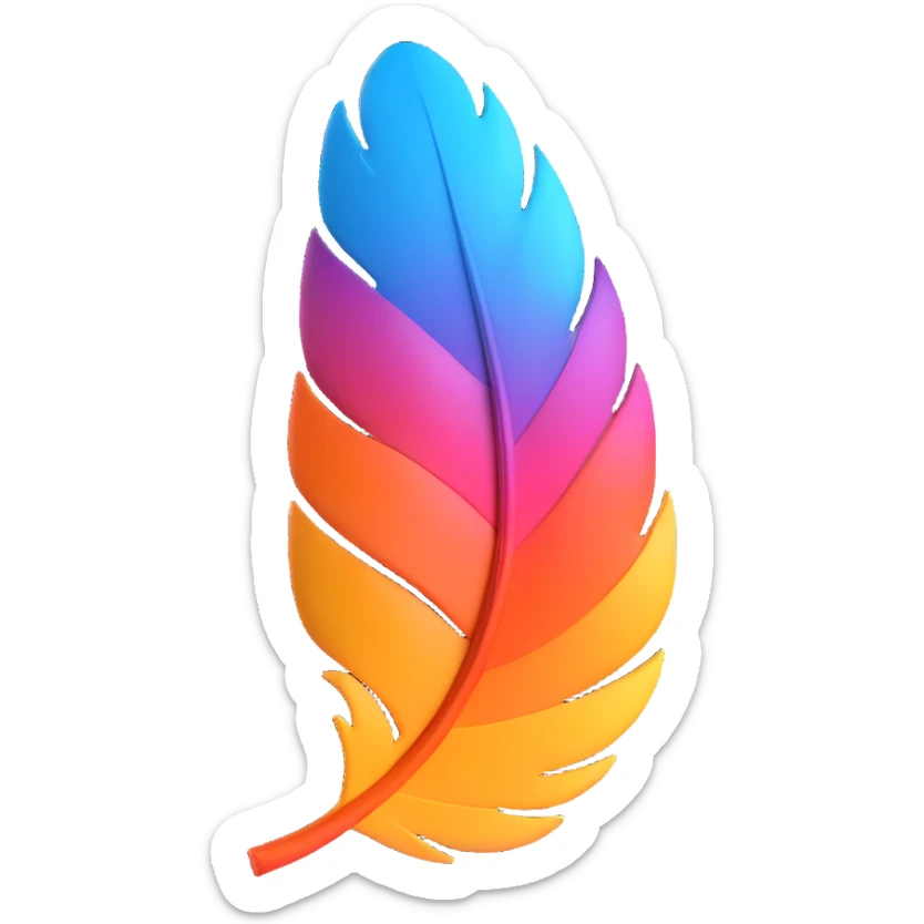 a feather closely resembling the Ficbook logo feather, but slightly plumper and more three-dimensional, with a bold outline, expressive shadows, and glossy highlights, giving it a soft, voluminous look, shape and style very close to the Ficbook logo sticker