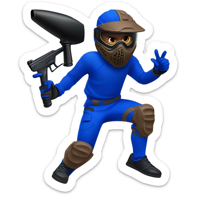 Brown skin paintball player wearing a royal blue long sleeve jersey, black pants and running with a paintball gun in hand sticker