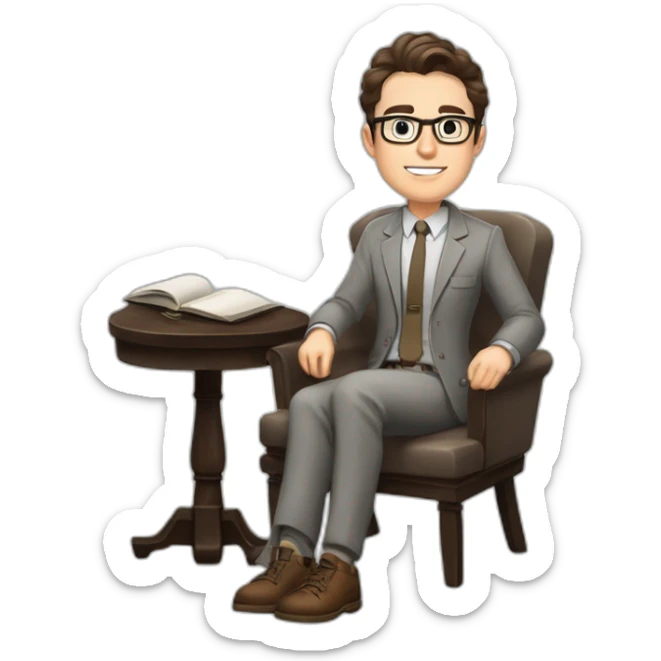 Pale skinned Fit Man With dark brown hair in gray jacket, beige office shirt, Brown pants and vintage glasses sitting In a soft chair with a notebook on spring with emblem Ψ and a pen sticker
