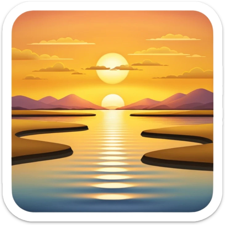 A 3D cartoon sunset over an estuary, golden reflection on calm water, scenic and peaceful, Memoji-style. sticker