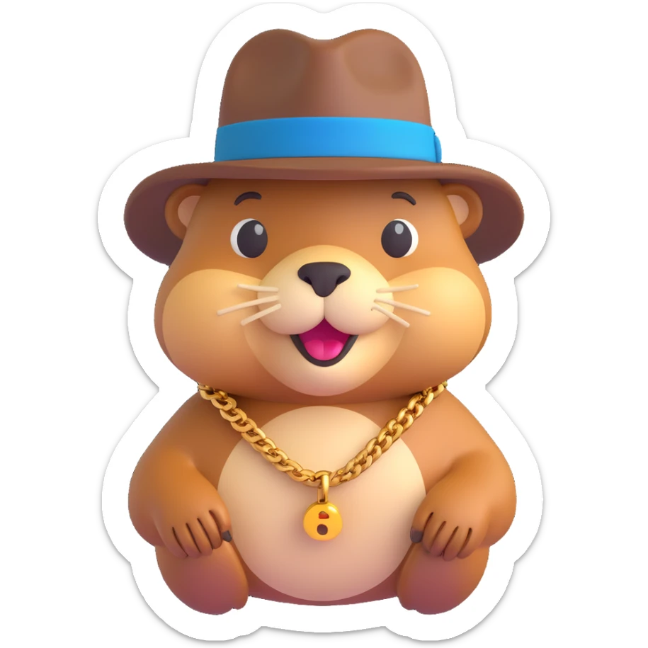 3D emoji style beaver dressed as a gangster, with a fedora hat, gold chain, and confident expression sticker