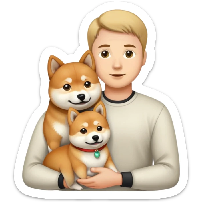 A man and a woman holding a Shiba Inu sticker