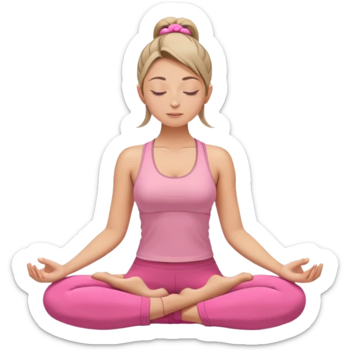 white woman with neat ponytail hairstyle, sitting in lotus position, meditating with closed eyes and serene expression, wearing pink yoga outfit sticker