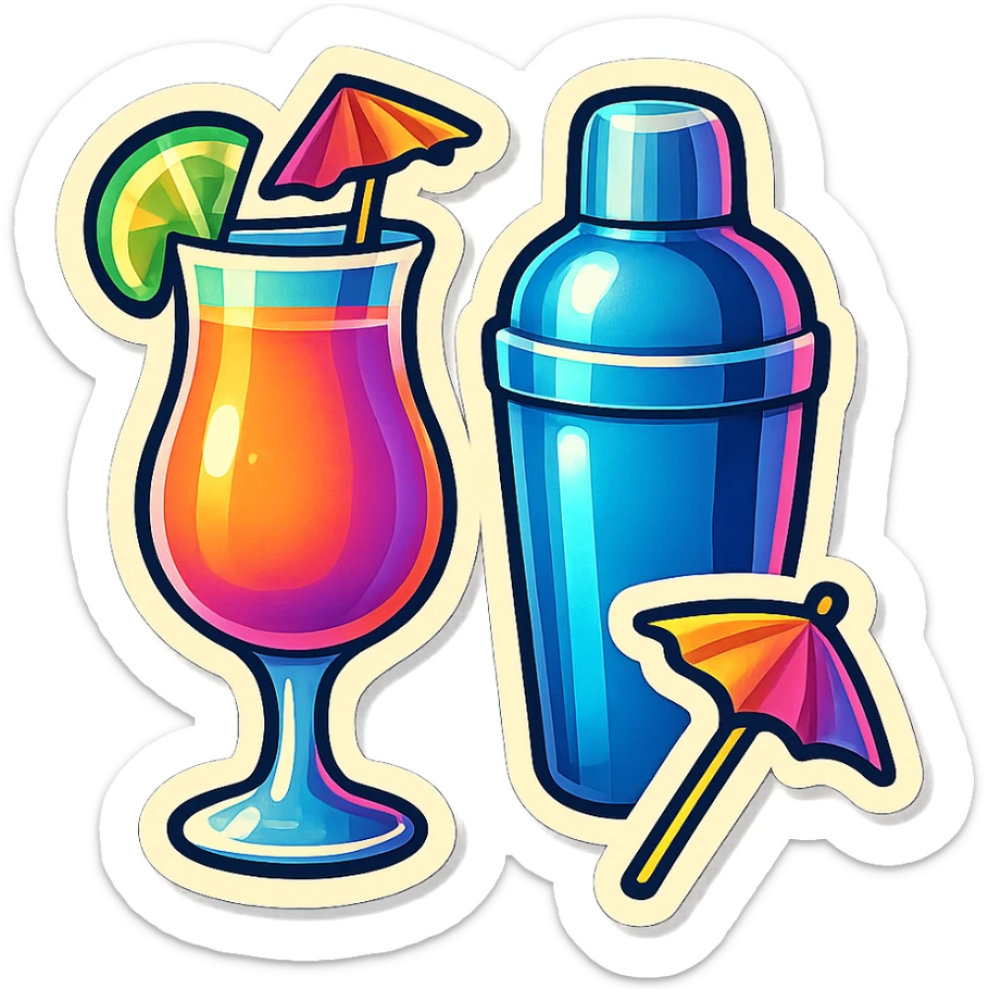A cocktail set in retro stickers style, including a glass, shaker, and umbrella, with a cohesive vintage design sticker